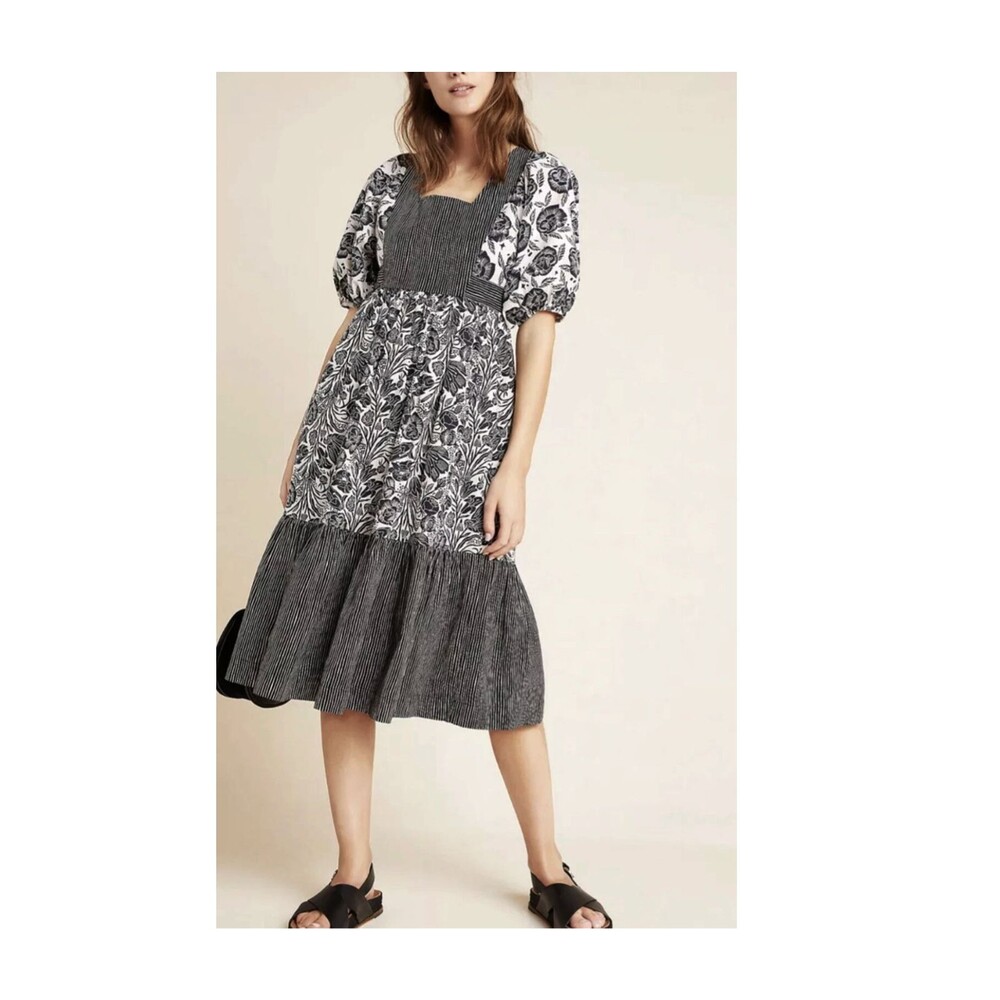 Anthropologie Blooming Print Adrienne Flounced Midi Dress Womens US 10 Floral